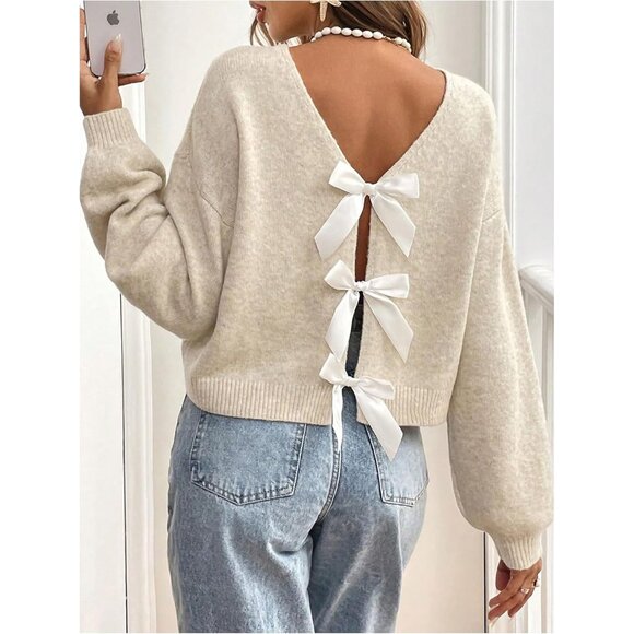Women's Knitted Sweater Long Sleeve Open Back Bow Decor Cardigan Top - Picture 3 of 6
